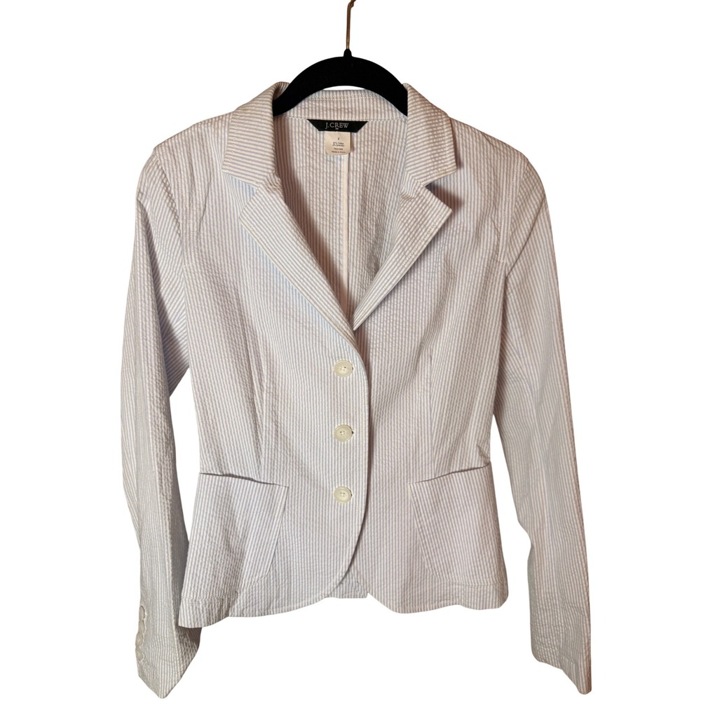 J.Crew Seersucker Blazer Blue White Stripe Cotton Stretch Size 2 Preppy